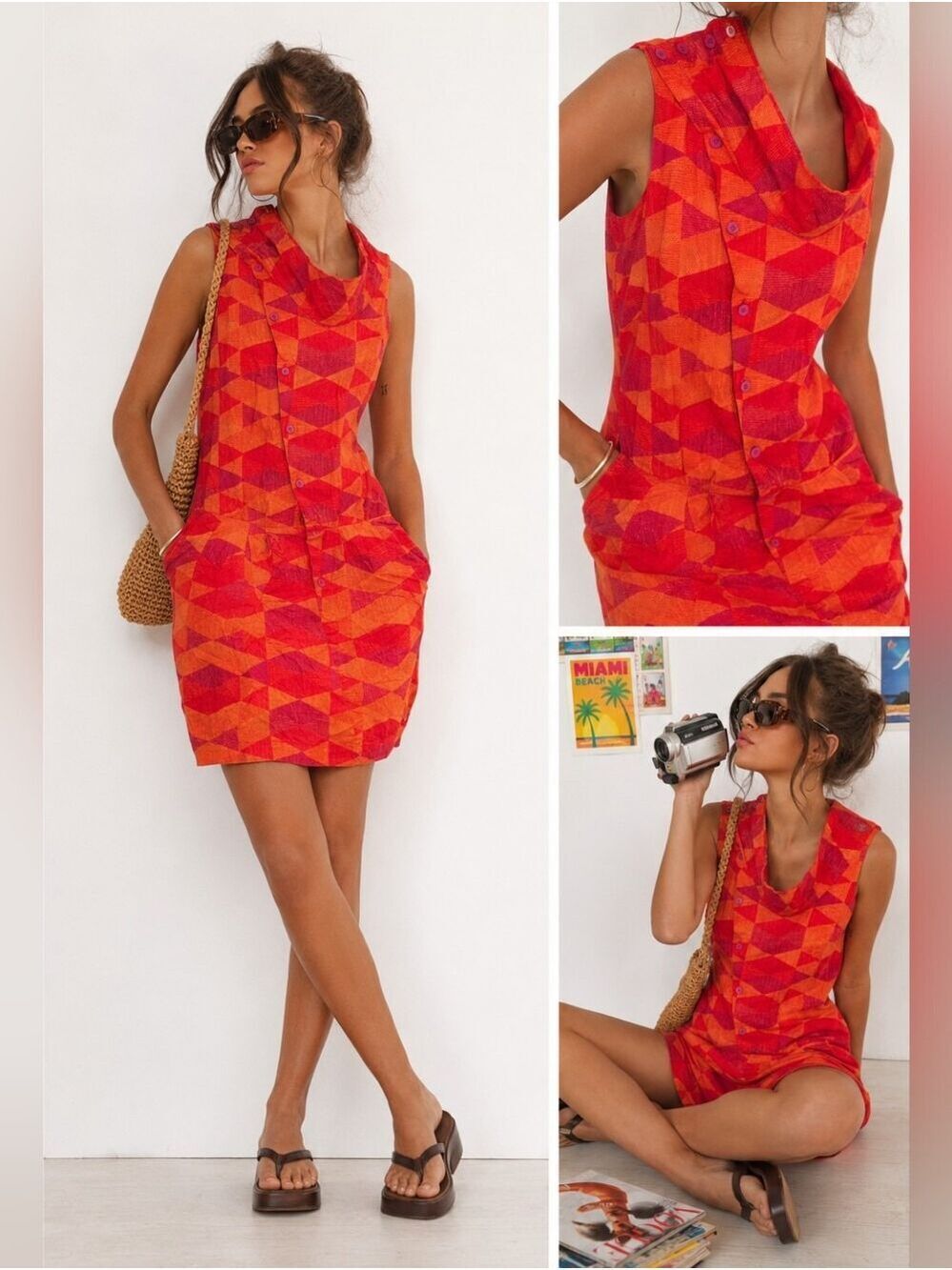 Vintage Skunkfunk Geometric Mod Mini Dress Orange Pink Artsy Y2K Small